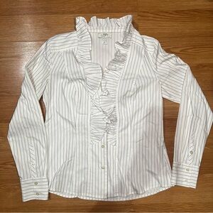 Ann Taylor LOFT White and Black Striped Ruffled Button Up Business Long sleeve